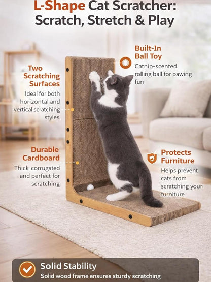 Cat Scratcher L-Shape with Ball Toy Vertical & Horizontal Corrugated Cardboard Scratching Post Wooden Frame Cat Scratch Pad for Indoor Cats