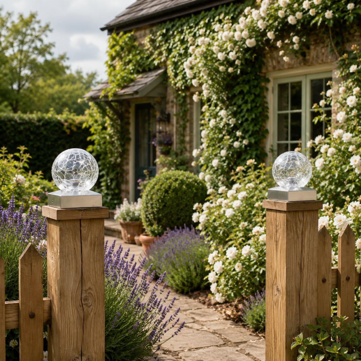 2 Pack Solar Crackle Glass Ball Lights Silver Base Outdoor LED Post Deck Cap Garden Pathway Lighting UK
