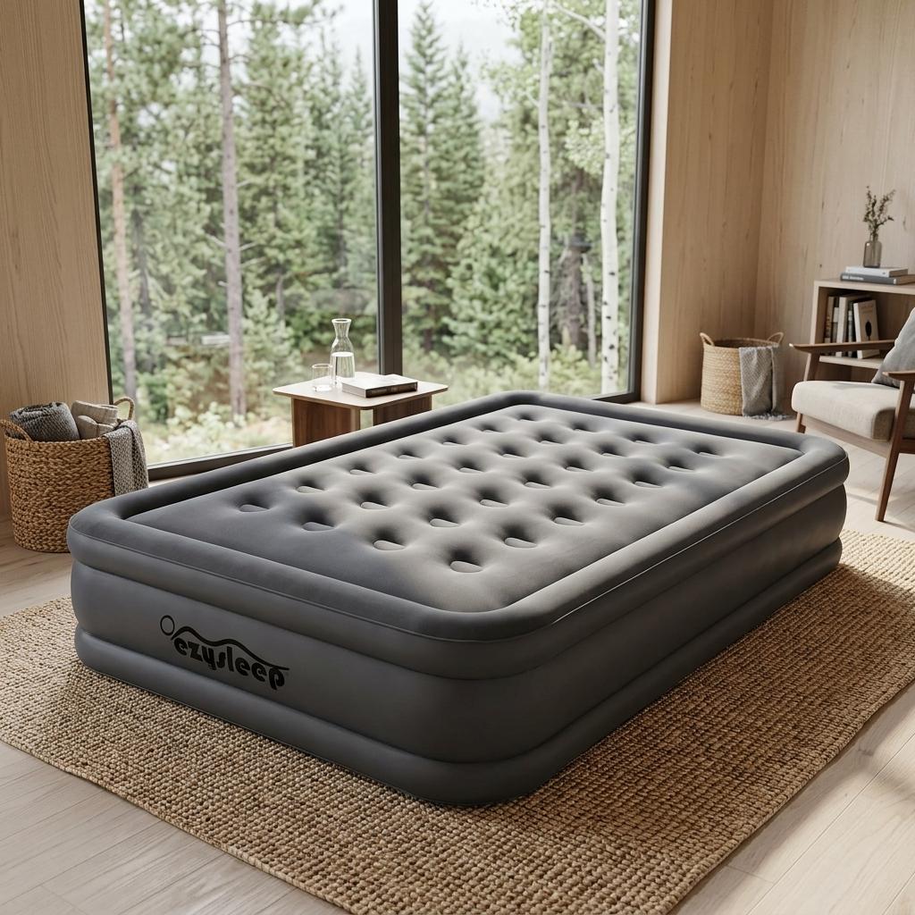Deluxe Self Inflating Air Bed Single and Double Portable Inflatable Mattress with Built-In Pump Waterproof Flocked Top Camping Guest Bed UK