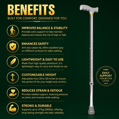 Adjustable Aluminium Walking Stick 28–38 Inch Lightweight Walking Cane with Ergonomic Handle & Anti-Slip Rubber Tip