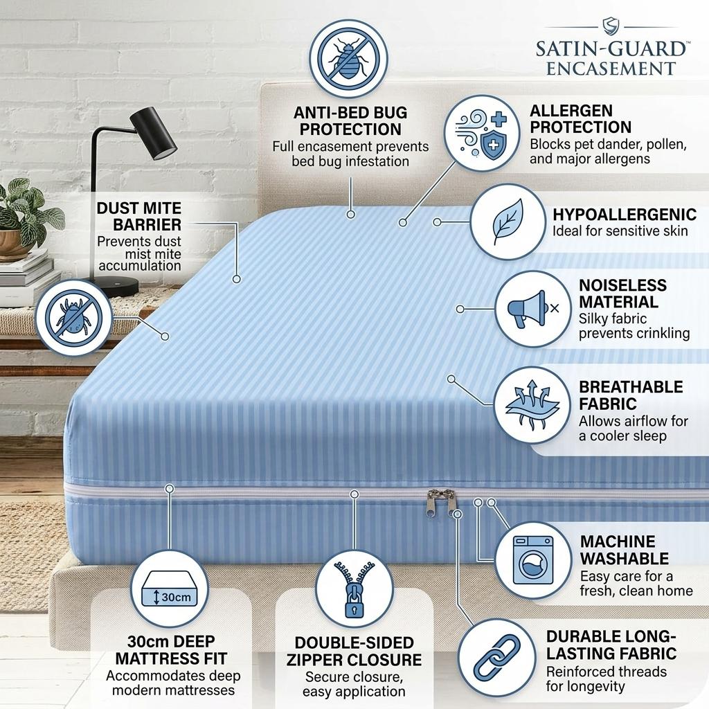 Satin Stripe Zipped Mattress Protector Double Side Zipper Closure Full Encasement Covers Anti Bed Bug Mattress Zip Protector 30cm Deep Matress Cover with Zip Blue and white