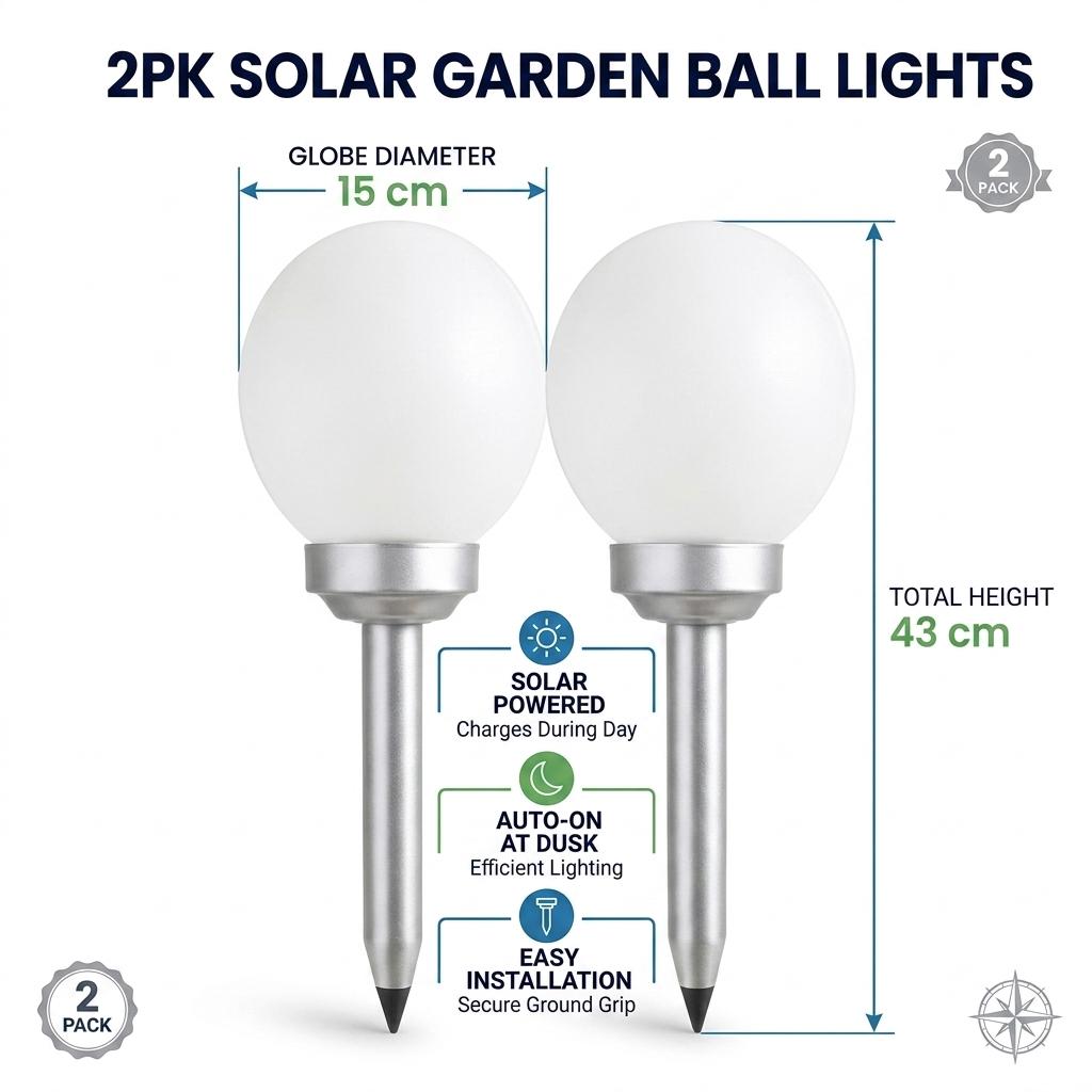 2PCS Solar Outdoor Ball Lights 43cm LED Garden Globe Lights Waterproof Yard Patio Pathway Lighting