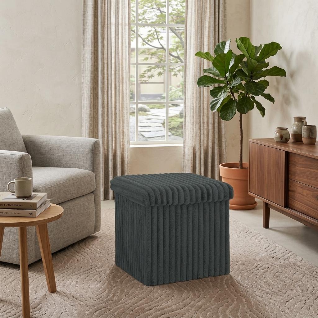 Ribbed Velvet Storage Ottoman Box with Lid Foldable Storage Seat Cube Footstool for Bedroom, Living Room & Hallway 38 x 38 x 38cm 5 Colours