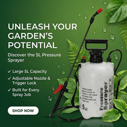 5L Pressure Garden Sprayer Pump with Long Reach Spray Wand | Hand Pump Water Sprayer for Plants, Garden Care, Fertiliser & Cleaning