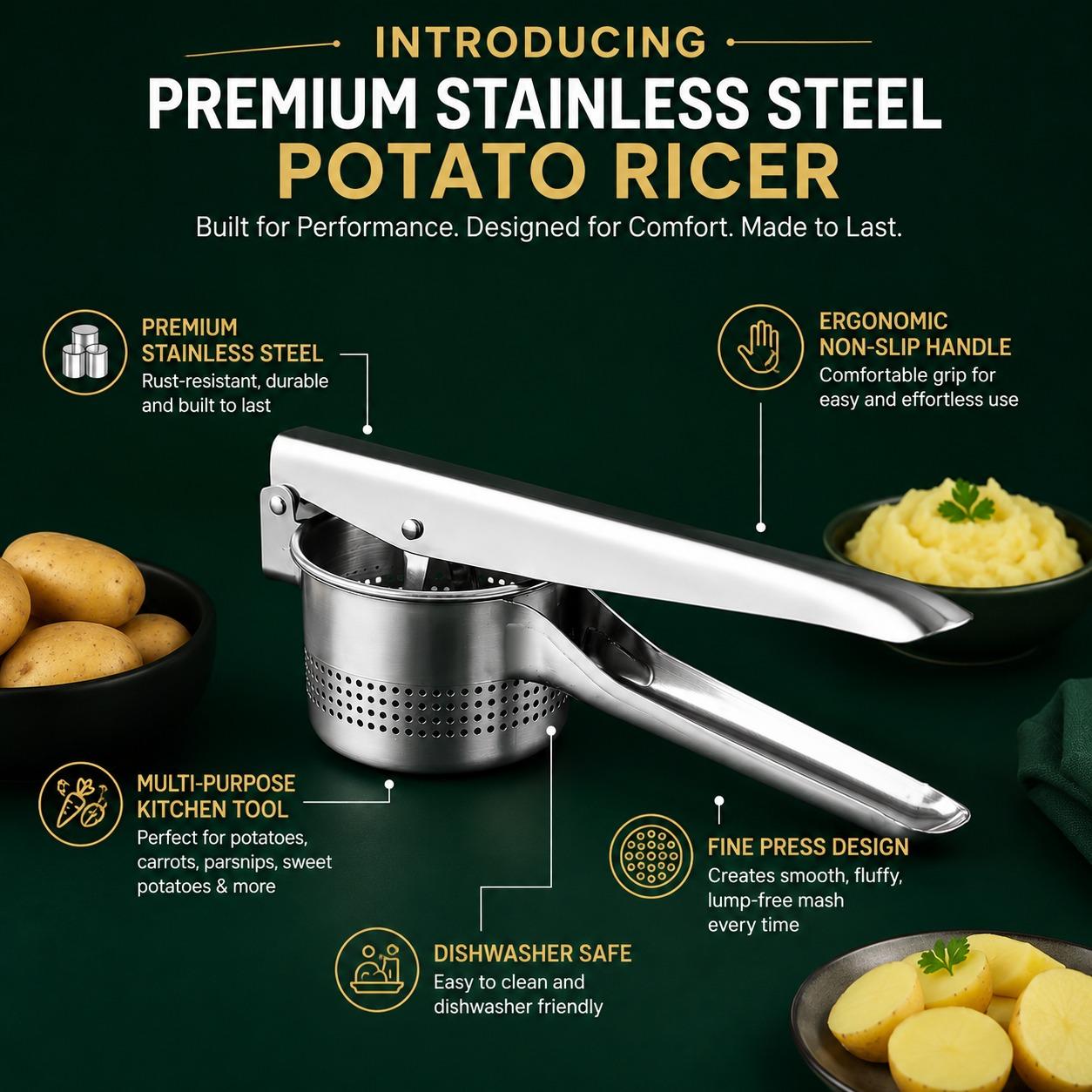 Stainless Steel Potato Ricer & Masher with Non-Slip Handle, Heavy Duty Handheld Potato Press for Smooth Mashed Potatoes, Vegetable Ricer for Home Kitchen Cooking