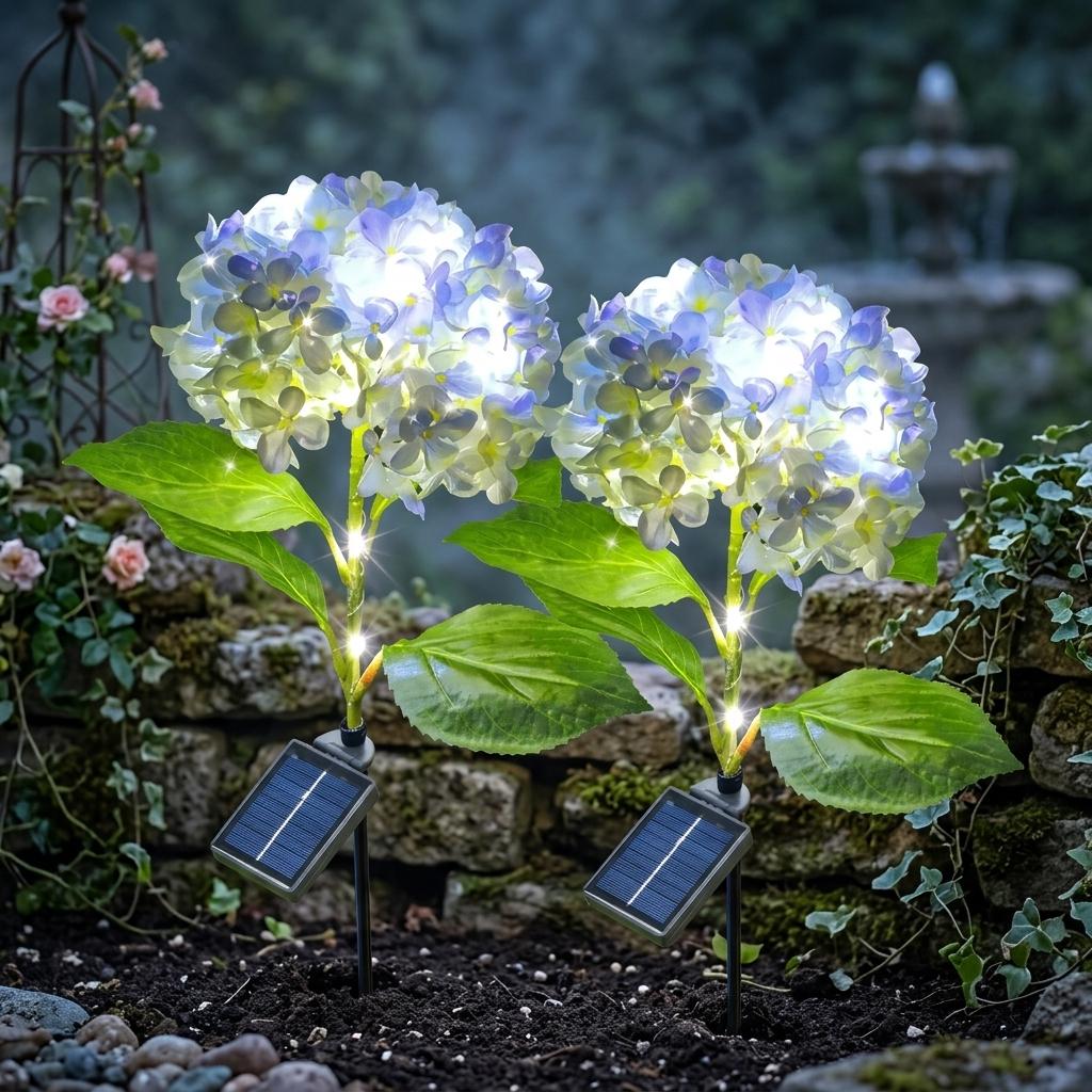 2 Pc Solar Hydrangea Flower Garden Lights Waterproof Outdoor LED Path Lights with 8 Lighting Modes for Garden, Patio & Lawn Random Color