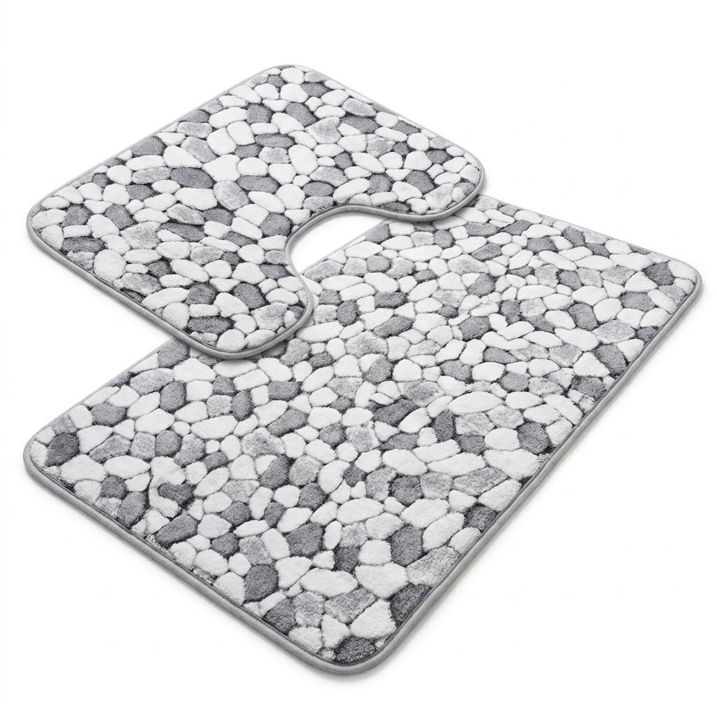 2 Piece Pebble Stone Bath Mat Set, Soft Polyester Bathroom Rugs, Non-Slip Style Bath Mat Set 50x80cm & 50x40cm