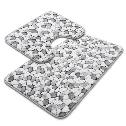 2 Piece Pebble Stone Bath Mat Set, Soft Polyester Bathroom Rugs, Non-Slip Style Bath Mat Set 50x80cm & 50x40cm