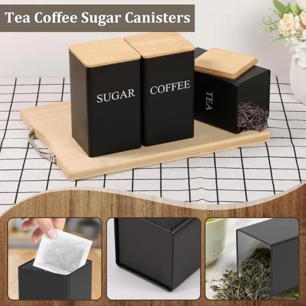 3pc Stackable Kitchen Canister Set – Airtight Tea/Coffee/Sugar Containers with Eco-Friendly Bamboo Lids for Pantry & Cupboard Organisation
