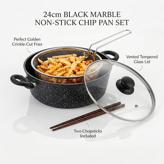 24cm Non-Stick Deep Fryer Pan Set with Basket, Glass Lid & Chopsticks Multi-Purpose Cooking Pot