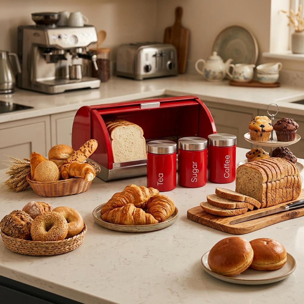 4PC Kitchen Storage Set Red Bread Bin with Tea Coffee Sugar Canisters Stainless Steel Food Containers UK Home Use