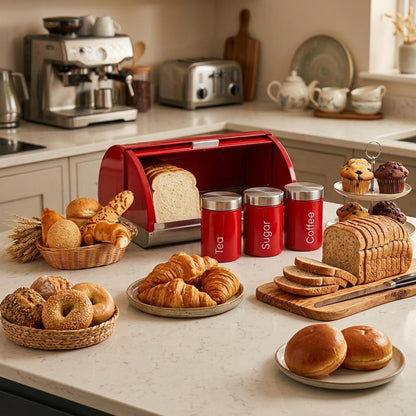 4PC Kitchen Storage Set Red Bread Bin with Tea Coffee Sugar Canisters Stainless Steel Food Containers UK Home Use