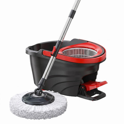 Deluxe Spin Mop and Bucket Set with Stainless Steel Handle Microfibre Mop Heads and Foot Pedal
