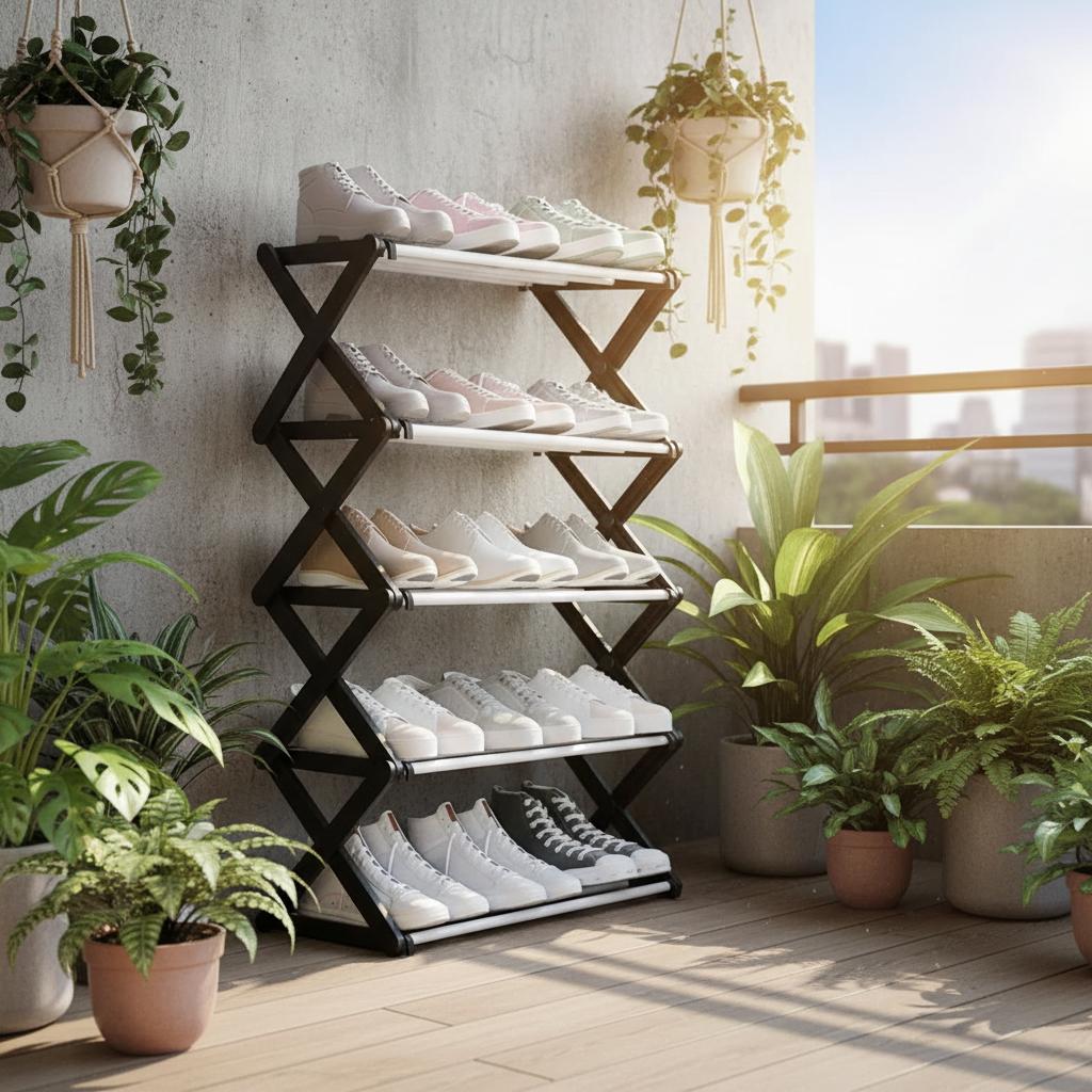 5-Tier Extendable Shoe Rack Space-Saving Adjustable Shoe Storage Organiser Size: 64 x 26 x 75 cm Black
