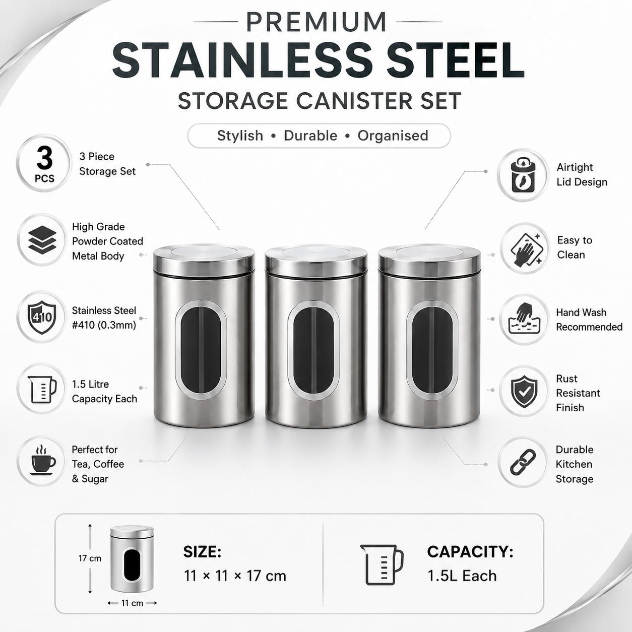 3 Piece Stainless Steel Kitchen Storage Canister Set with Lids 1.5L Coffee Tea Sugar Storage Containers Powder Coated Metal Kitchen Storage Jars