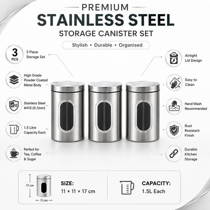 3 Piece Stainless Steel Kitchen Storage Canister Set with Lids 1.5L Coffee Tea Sugar Storage Containers Powder Coated Metal Kitchen Storage Jars