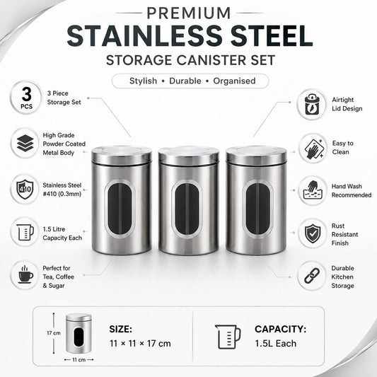 3 Piece Stainless Steel Kitchen Storage Canister Set with Lids 1.5L Coffee Tea Sugar Storage Containers Powder Coated Metal Kitchen Storage Jars