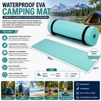 Waterproof EVA Camping Mat 180 x 50 x 0.6cm Lightweight Roll Up Foam Sleeping Pad Outdoor Mat for Camping, Hiking, Picnic & Beach