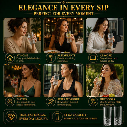 Set of 6 Crystal Effect Drinking Glasses 14oz – Long Highball Tumblers, Reusable Plastic Cups for Parties, Juice, Water & Cocktails
