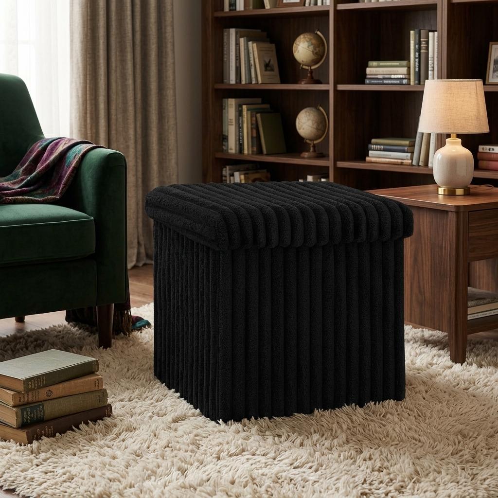 Ribbed Velvet Storage Ottoman Box with Lid Foldable Storage Seat Cube Footstool for Bedroom, Living Room & Hallway 38 x 38 x 38cm 5 Colours