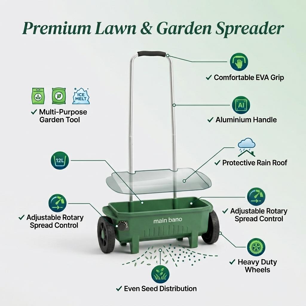 12L Lawn Seed Spreader Rotary Garden Fertiliser & Salt Spreader with Adjustable Flow Rate, Long Aluminium Handle & Protective Rain Cover