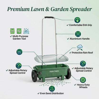 12L Lawn Seed Spreader Rotary Garden Fertiliser & Salt Spreader with Adjustable Flow Rate, Long Aluminium Handle & Protective Rain Cover