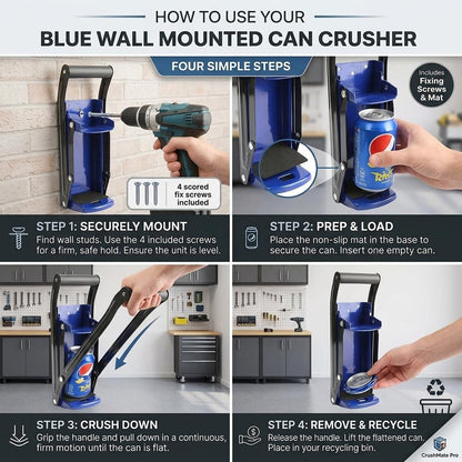 2 in 1 Wall Mounted Can Crusher & Bottle Opener Heavy Duty Metal Can Crusher with Soft Grip Handle Recycling Tool for Soda & Drink Cans Black & Blue