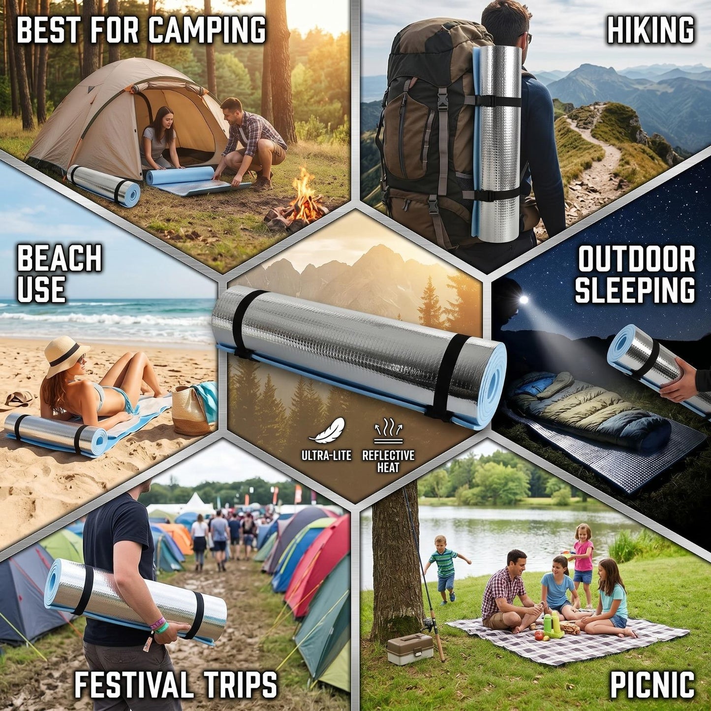 Aluminium EVA Foam Camping Mat 180x50cm – Waterproof Roll Up Sleeping Mat for Camping, Hiking & Outdoor Activities with Storage Straps