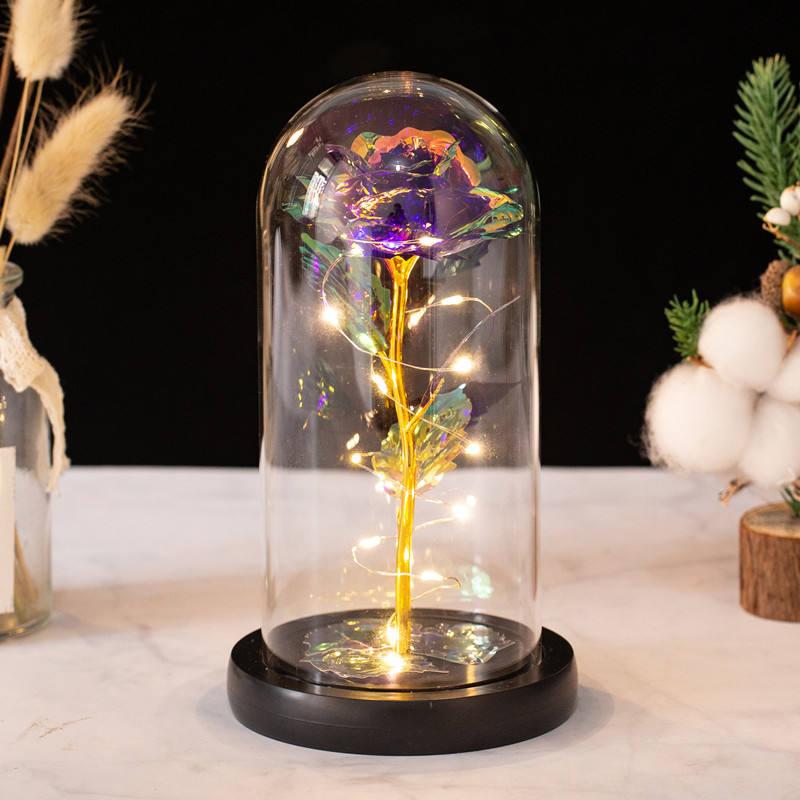 Light Up Artificial Rose in Glass Dome with LED Lights Decorative Flower Display Ornament Random Colour