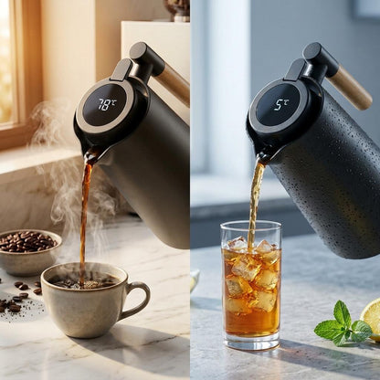 1L Smart Vacuum Jug with LCD Temperature Display, Insulated Thermal Flask, Glass Liner, Wooden Handle, Hot & Cold Beverage Jug