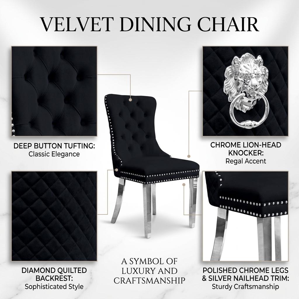 Velvet Dining Chair with Chrome Effect Door Knocker High Back Padded Seat Metal Legs Upholstered Dining Room Chair Single