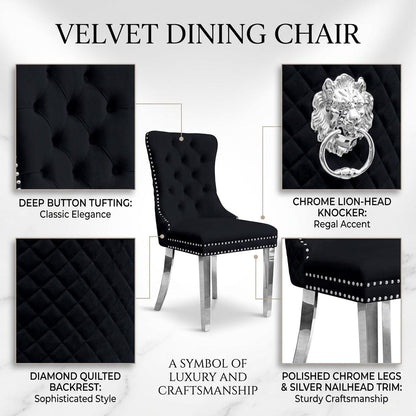 Velvet Dining Chair with Chrome Effect Door Knocker High Back Padded Seat Metal Legs Upholstered Dining Room Chair Single