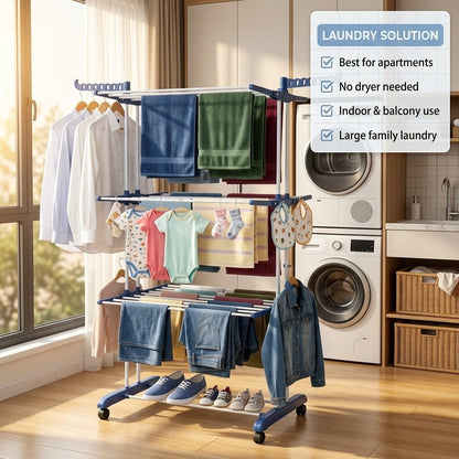 4 Tier Foldable Clothes Airer Drying Rack with Wheels Adjustable Indoor Laundry Dryer 18m Drying Space Lightweight & Durable for Household Use