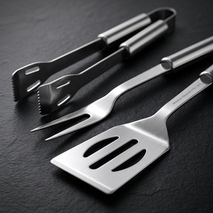 3 Piece Stainless Steel BBQ Tool Set with Food Turner, Tongs & Fork Barbecue Utensils with Hanging Loops BBQ Accessories for Garden, Camping & Outdoor Cooking