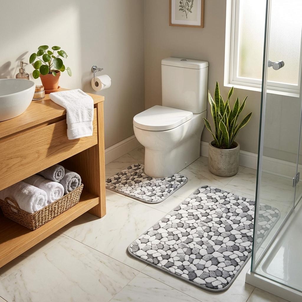 2 Piece Pebble Stone Bath Mat Set, Soft Polyester Bathroom Rugs, Non-Slip Style Bath Mat Set 50x80cm & 50x40cm